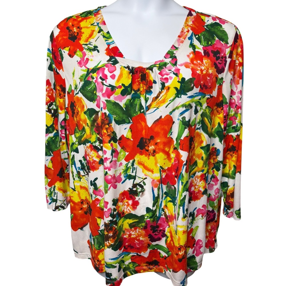 SUSAN GRAVER Womens Multicolor Floral Tunic Top 1X V-Neck Lightweight Flowy Airy